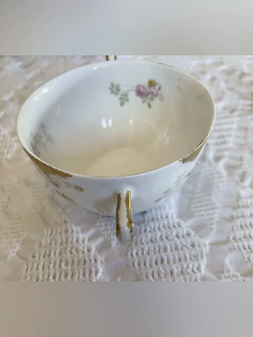 Antique Limoges France floral rose double handled bouillon/soup cup